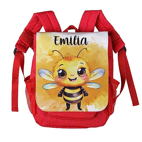 Striefchen® personalisierter Kinderrucksack mit niedlichen Tiermotiven in Aquacolor Optik Biene, Rot