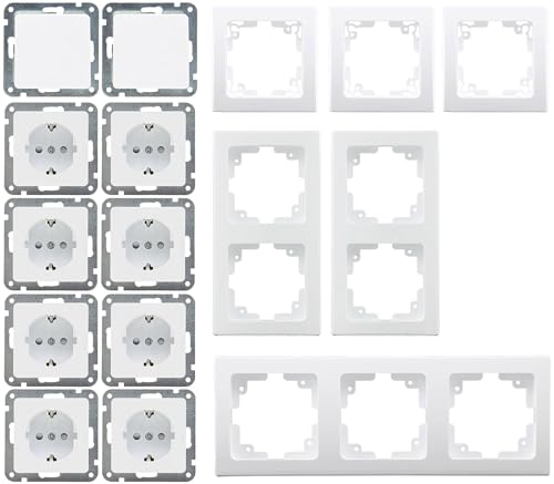 Delphi Steckdose Schalter Starter Set mit Rahmen I 8 Steckdosen + 2 Wechselschalter + 6 Rahmen I Weiß