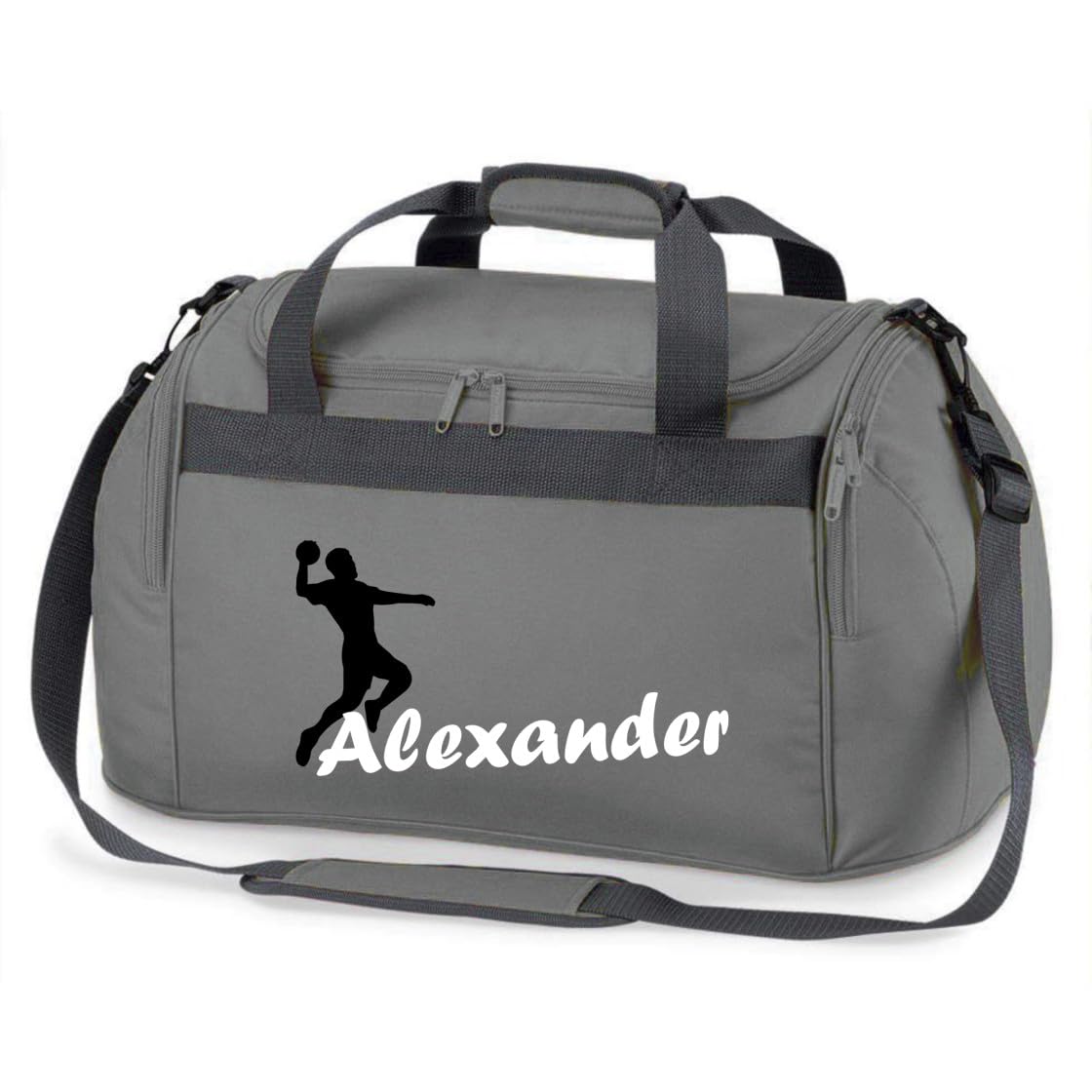minimutz Sporttasche mit Namen Bedruckt für Kinder | Personalisierbar mit Motiv Handball | Reisetasche Duffle Bag für Mädchen und Jungen | Handballspieler Sport (grau)