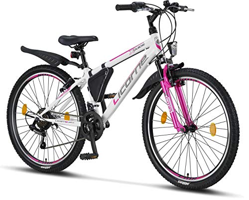 Licorne Bike Guide Premium Mountainbike in 26 Zoll - Fahrrad für Mädchen, Jungen, Herren und Damen - 21 Gang-Schaltung - Weiß/Rosa