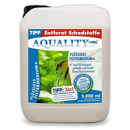AQUALITY Flüssiges Aquarium Filtermedium+ (GRATIS Lieferung in DE - Kristallklares Aquariumwasser - Entfernt Schadstoffe - Besserer Pflanzenwuchs - Wasseraufbereiter - Wasseraufbereitung), Inhalt:5 Liter