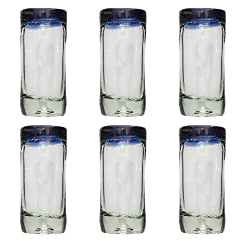 Tumia LAC Handgemachtes Tequila/Shot Glas - recyceltes Glas - Blauer Rand - Set aus 6 Gläsern