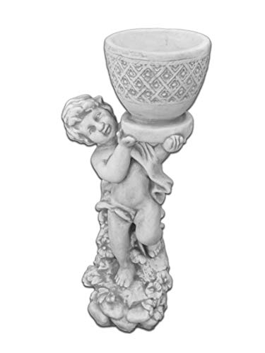 gartendekoparadies.de Massive Steinfigur Junge mit Blumentopf auf Fels als Säule Steinguss frostfest