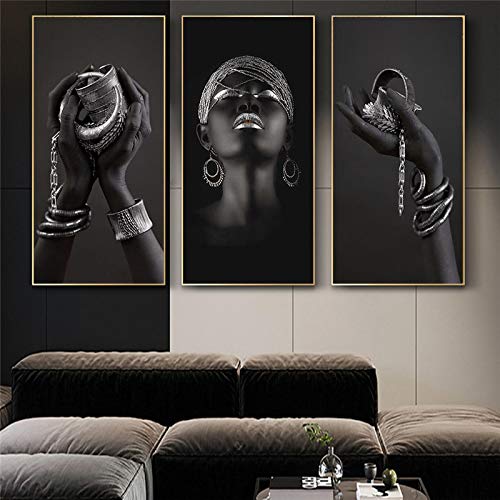 Schwarze Hände halten Silber Schmuck Leinwand Gemälde an der Wand Kunst Poster und Drucke afrikanische Frau Kunstbild Wanddekoration 40 x 80 cm, 3 Stück, rahmenlos