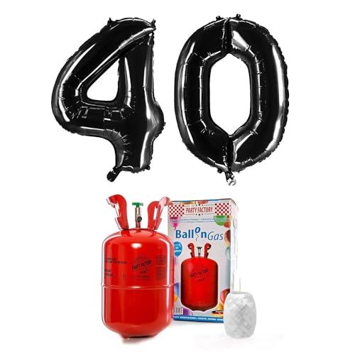 PARTY FACTORY Helium Set "40" mit XXL Zahlenballons, Ballongas und Ballonschnur - für Geburtstag, Jubiläum, Jahrestag; Gold, Silber, Schwarz, Pink, Rosa, Rosagold, Bunt (Schwarz)