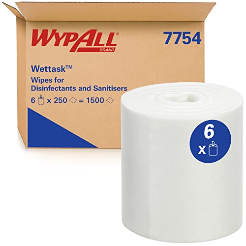WypAll Wettask Tücher für Desinfektionsmittel 7754 – Reinigungstücher für mehrere Oberflächen – 6 Rollen x 250 weiße Reinigungstücher (insg. 1.500)