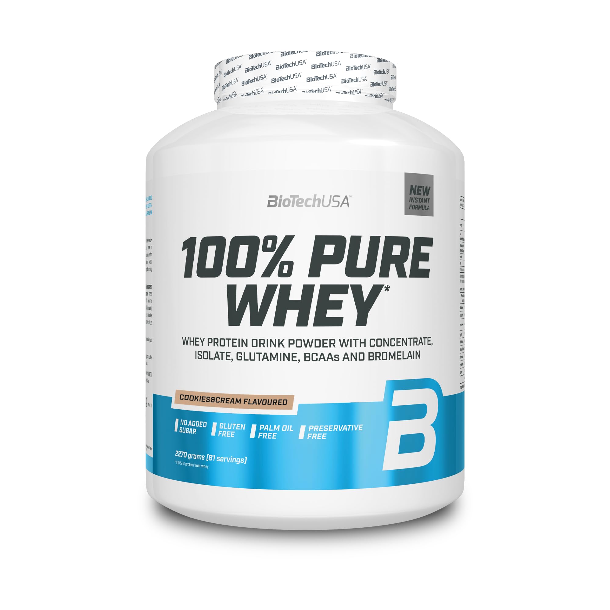 BioTechUSA 100% Pure Whey | Proteinpulver mit BCAA und Glutamin | Glutenfrei, Palmölfrei | 28g Protein pro Portion, 2.27 kg, Cookies & Cream