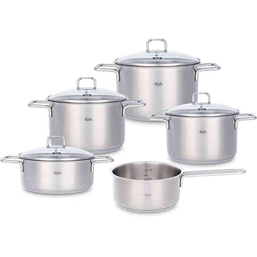 Fissler hamburg / Edelstahl-Topfset, 5-teilig, Kochtopf-Set, Töpfe mit Glas-Deckel, Induktion, alle Herdarten (3 Kochtöpfe, 1 Bratentopf, 1 Stielkasserolle-deckellos)