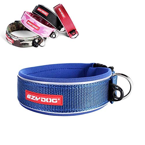 EzyDog Neo Wide - Halsband Hund breit, Hundehalsband für Große Hunde | Neopren gepolstert, reflektierend, wasserfest (2XL, Blau)