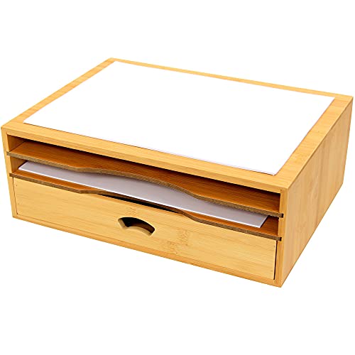 Woodquail Kompakt Drucker Monitorständer Schreibtisch Organizer mit Schublade, aus Natürlichem Bambus