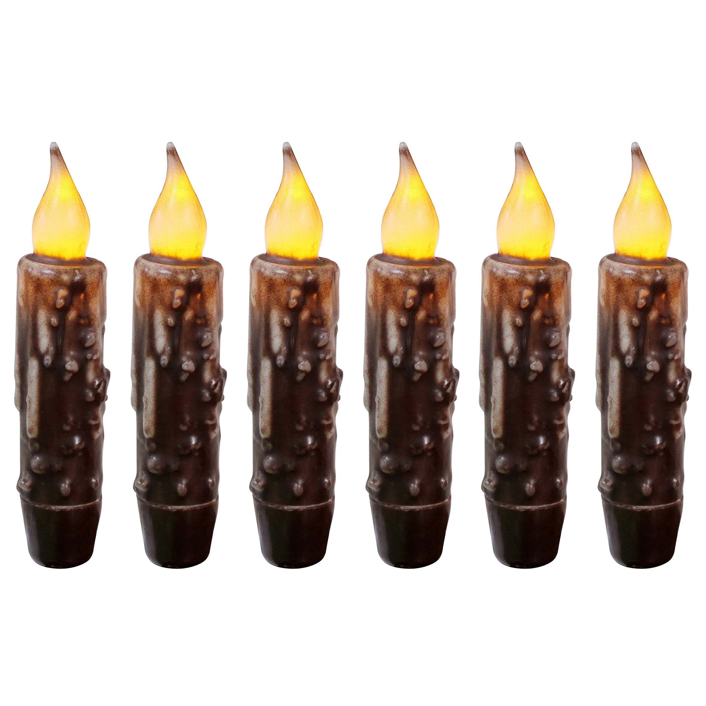 CVHOMEDECO. Echtwachs handgetauchte batteriebetriebene LED-Timer-Kerzen-Kerzen Rustikale Primitive flammenlose Lichter-Dekor, 12 cm, Brwon, 6 Stück in einer Packung