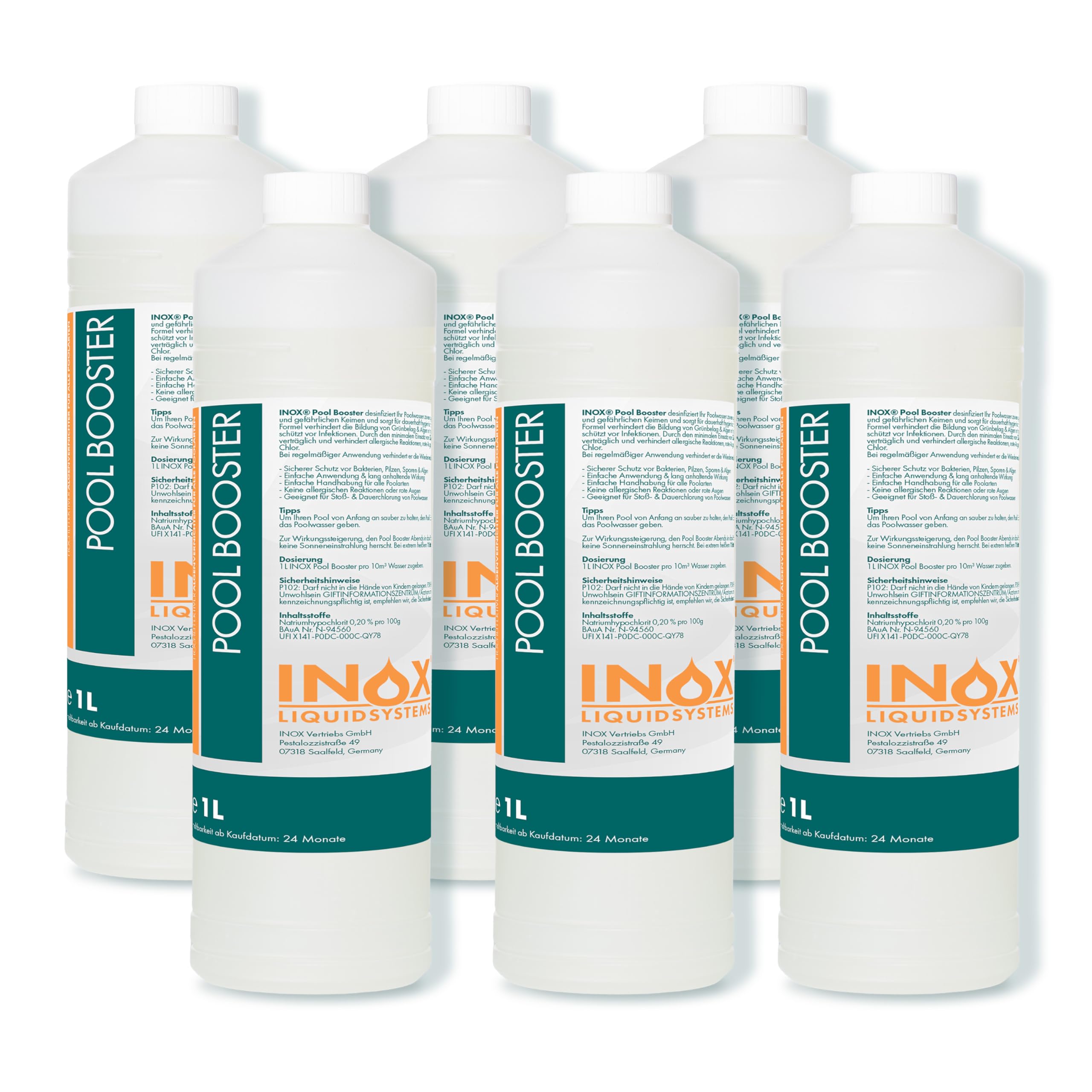 INOX® - Effektiver Pool Booster| Algenvernichter Pool | Flüssiges Algizid für Pool | Desinfizierendes Reinigungsmittel gegen Algen | Hochwirksames Algizid Pool flüssig (6, 1L)