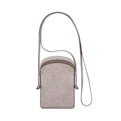 DUDU Damen-Handy-Umhängetasche aus Leder, doppelte Smartphone-Tasche, ID-Kartentasche, Verstellbarer Lanyard-Riemen Silber