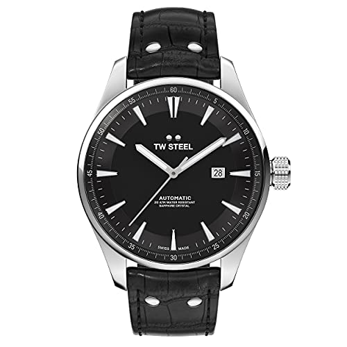 TW Steel ACE Aternus Herren 45mm Automatik Uhr mit schwarzem Zifferblatt, schwarzem Lederarmband und Datum Kalender ACE321