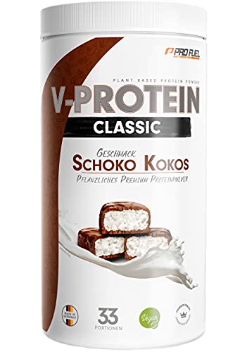 Vegan Protein Pulver - V-PROTEIN, 1 KG | Pflanzliches Eiweißpulver auf Erbsenprotein-Basis | 71,9% Eiweiß-Gehalt | Hohe Wertigkeit | Protein-Shake speziell zum Muskelaufbau | SCHOKO-KOKOS