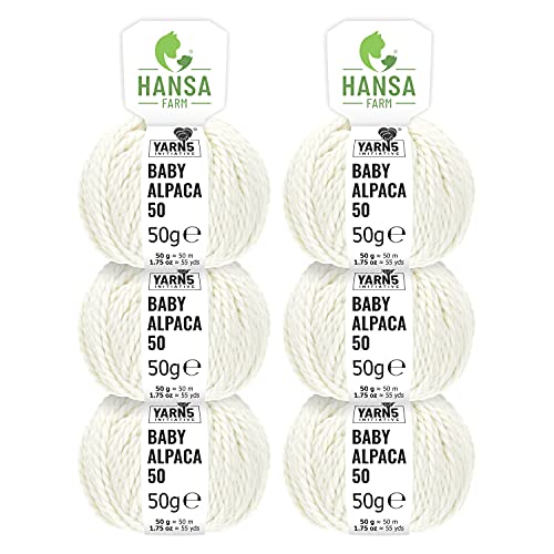 HANSA-FARM | 100% Baby Alpakawolle in 50+ Farben (kratzfrei) - 300g Set (6 x 50g) - weiche Alpaka Wolle zum Stricken & Häkeln in 6 Garnstärken by Hansa-Farm - Natur (Weiß/Wollweiß)