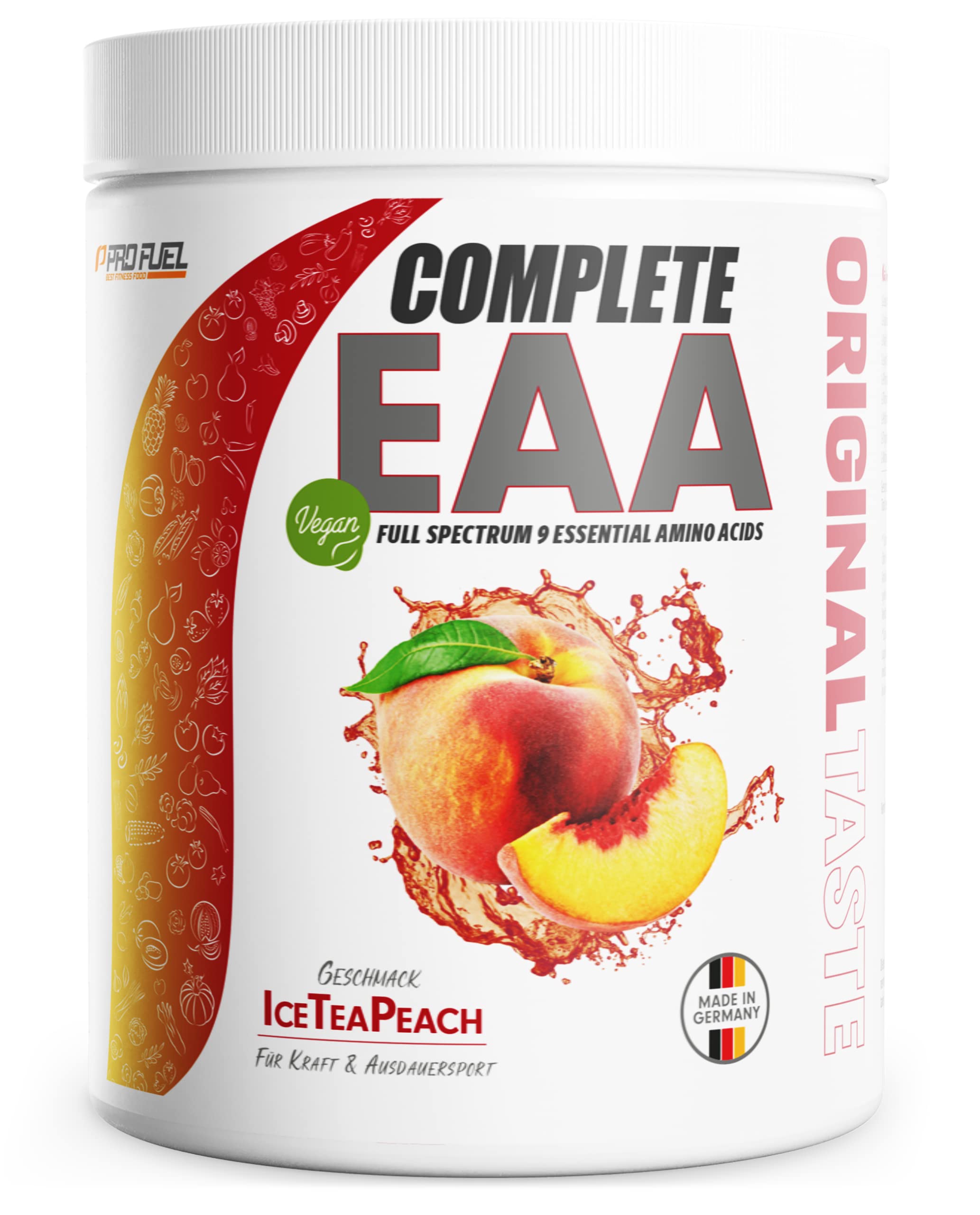 EAA Pulver 500g ICE TEA PEACH - 12.500mg essentielle Aminosäuren - unglaublich lecker & erfrischend - COMPLETE EAA mit allen 9 EAAs inkl. Histidin - EAA vegan Aminosäuren Pulver - Amino Workout Drink