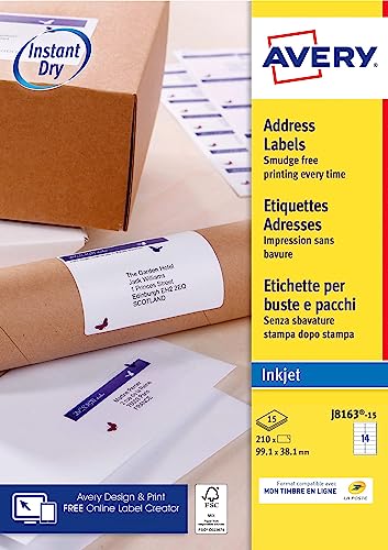 Avery J8163 – 15 Stück 210 Etiketten für Tintenstrahldrucker, 99,1 x 38,1 mm, weiß