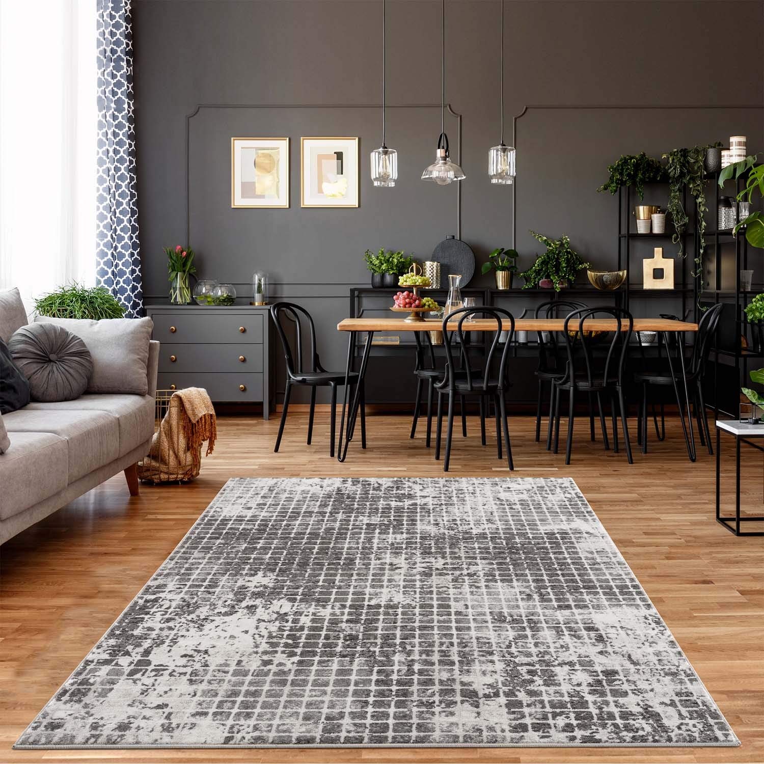 carpet city Teppich Wohnzimmer - Karo-Muster 80x150 cm Grau Meliert - Moderne Teppiche Kurzflor
