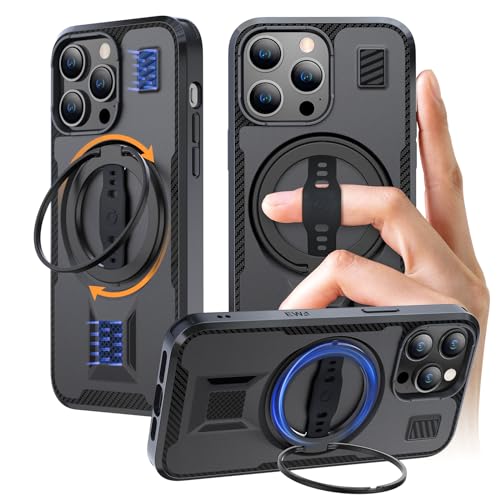 EWA Handyhülle für iPhone 15 Pro Max, kompatibel mit Magsafe, mit Ringständer, Silikonriemen, doppeltem Magnetverschluss auf der Rückseite, robustem Fallschutz, 6,7 Zoll, schwarz