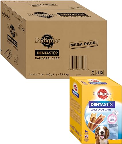 Pedigree DentaStix Zahnpflege Hundeleckerli für mittelgroße Hunde, Kausnack mit Huhn- und Rindgeschmack gegen Zahnsteinbildung für gesunde Zähne, 1er Pack (1x 112 Stück)