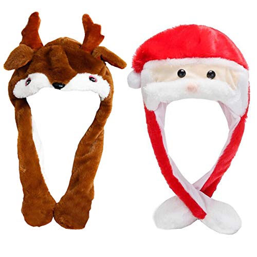 Liuer 2 Stück Weihnachtsmütze,Plüsch Nikolausmütze Roter und Elchmütze Beweglichen Ohren Weihnachtsmützen für Erwachsene und Kinder für Weihnachts und Weihnachtsfeiern Weihnachtskonzert