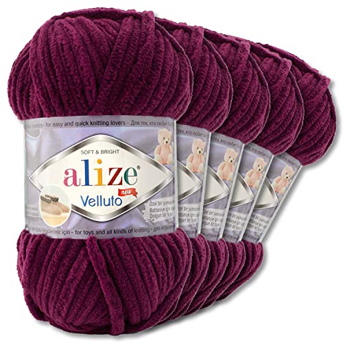 Wohnkult Alize 5x100 g Velluto Premium Wolle 30 Auswahl Chenillegarn Samtwolle Amigurumi Decken Accessore Kleidung DIY (111 | Pflaume)