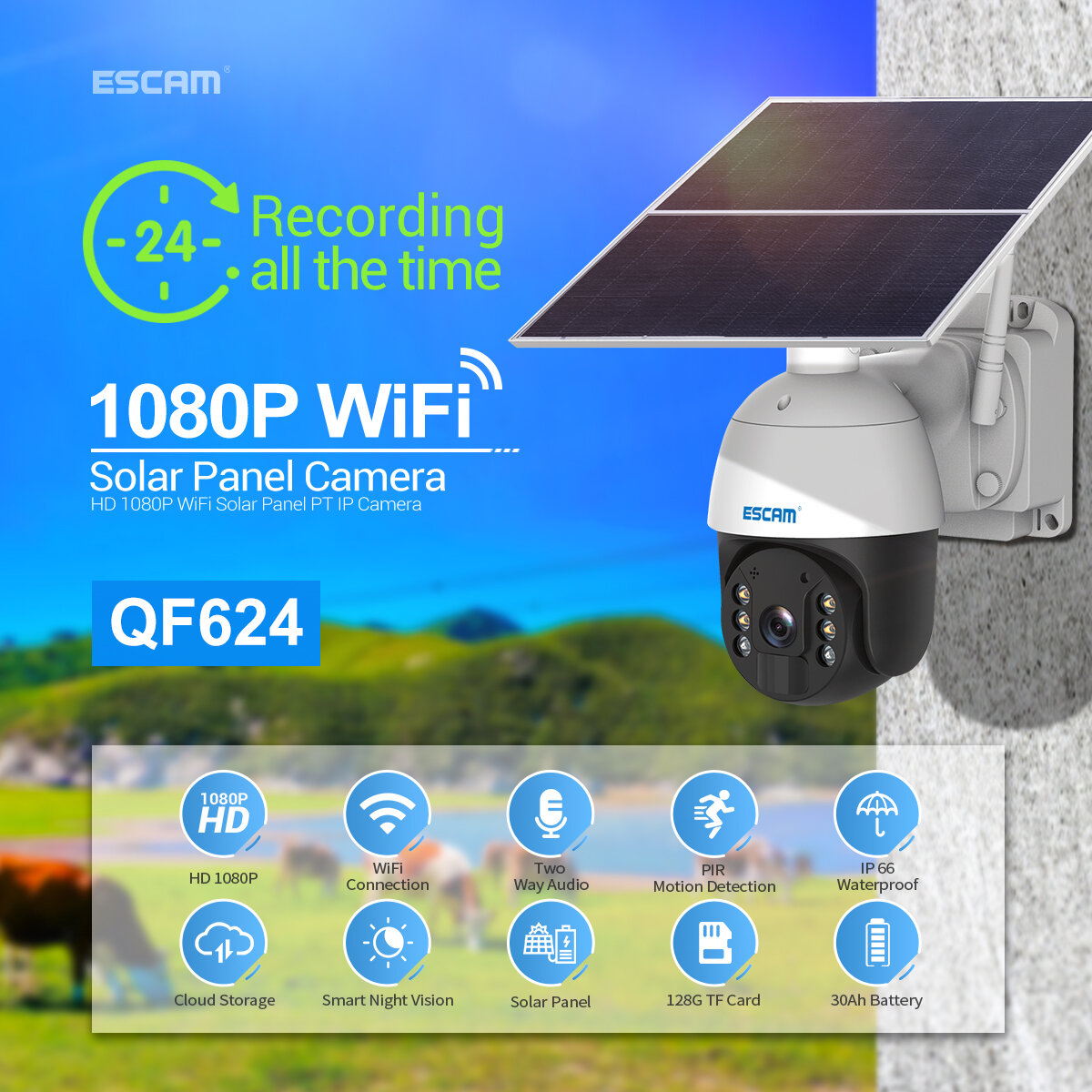 ESCAM QF624 HD 1080P WLAN-Solarpanel PT IP-Kamera Cloud-Speicher Batterie Solarbetriebene Schwenk-/Neigeüberwachung Wass