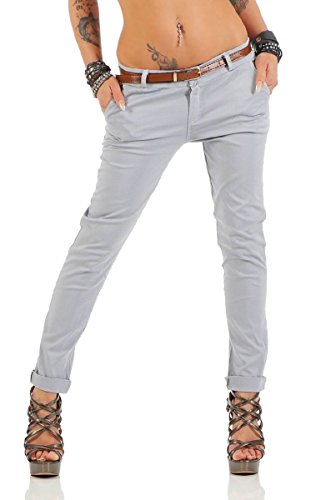 Fashion4Young Damen Skinny Chino Pant Hautenge Treggings Stretch-Stoff Damenhose mit Gürtel (L=40, 11206-grau)