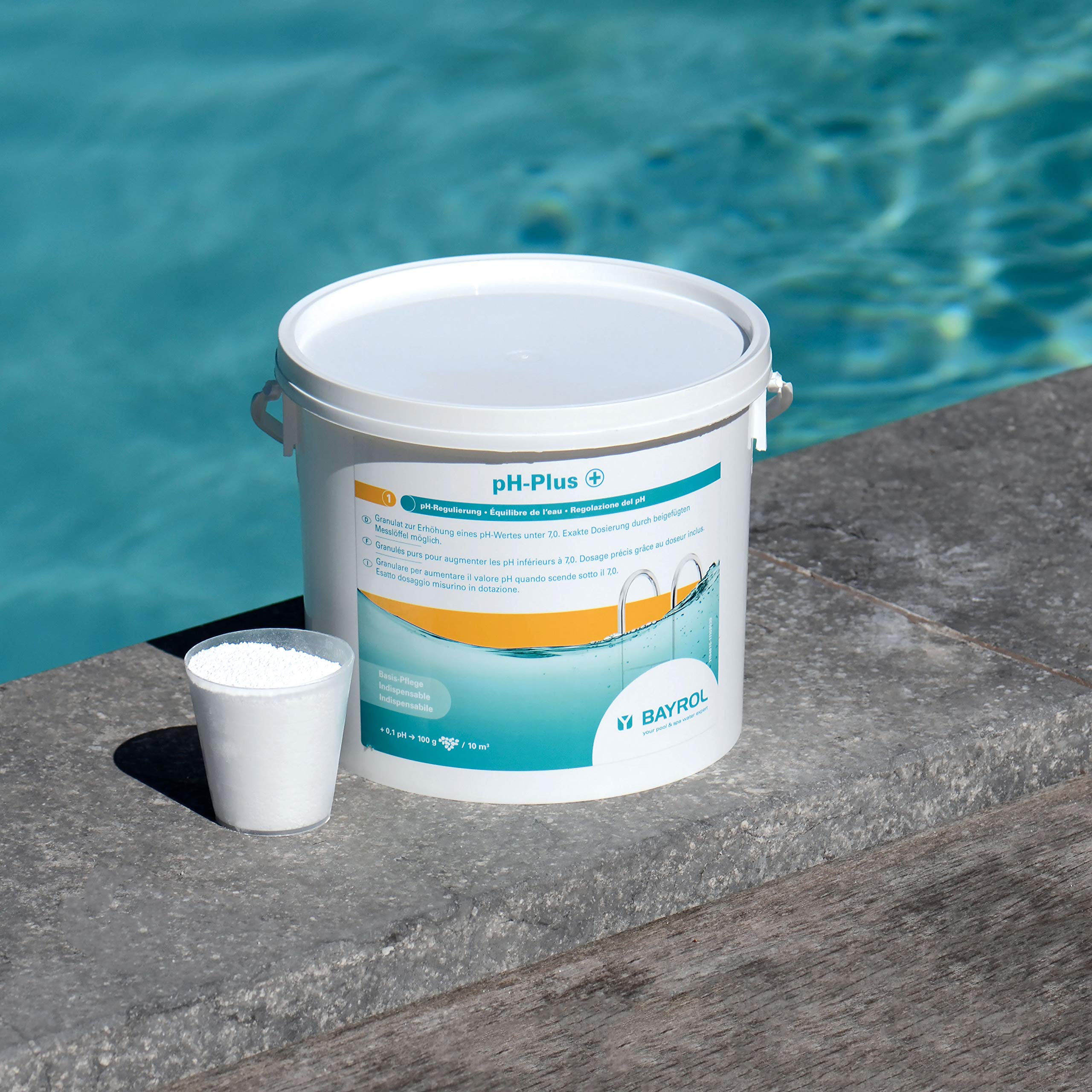 BAYROL pH-Plus 12kg - pH Heber Granulat für Pool - pH Wert Heber - Schnelle Anhebung des pH-Werts - enthält Dosierbecher - pH Plus Pool - pH Wert im Pool erhöhen