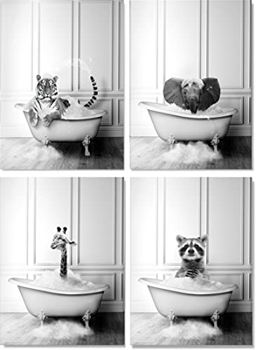Hava Kolari 4 Stück Badezimmer Bilder, Schwarz Weiß Wandbilder, Giraffe in der Badewanne Lustige Wandkunst Drucke Leinwand Poster Deko für Badezimmer (40 x 50 cm,Stil A)