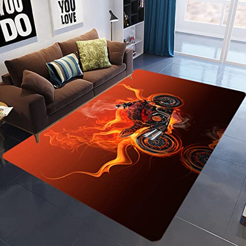 Moderner Teppich für Wohnzimmer Schlafzimmer Teenager Junge Mädchen 3D-Sport Flamme Fußball Motorrad Gitarre Druck Rutschfest Teppiche Flanell Spielmatte Schwarz Orange Rot (Farbe 1,100x150 cm)