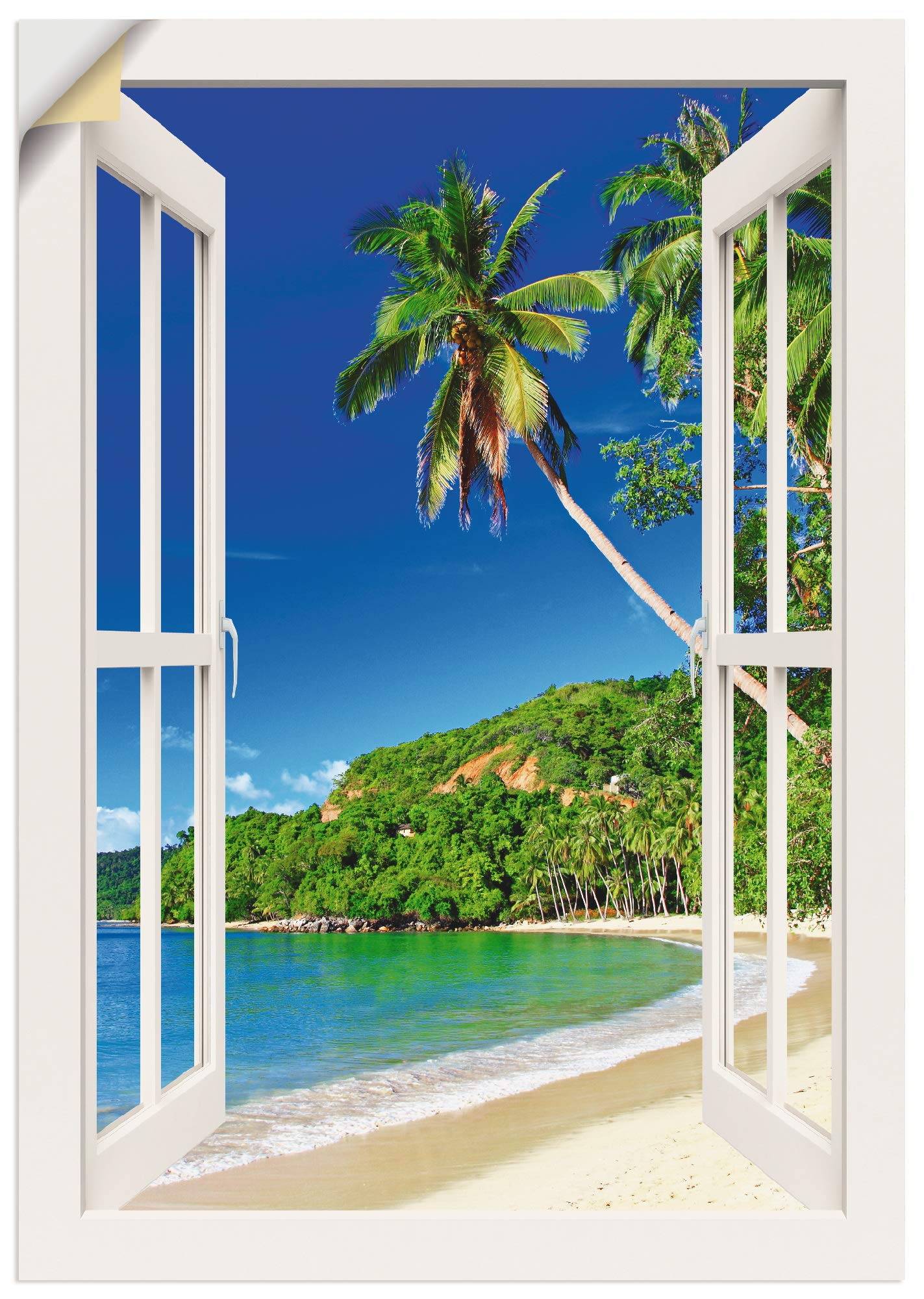ARTland Wandbild selbstklebend Vinylfolie 50x70 cm Fensterblick Karibik Südsee Strand Meer Insel Palmen Meerblick S9IC