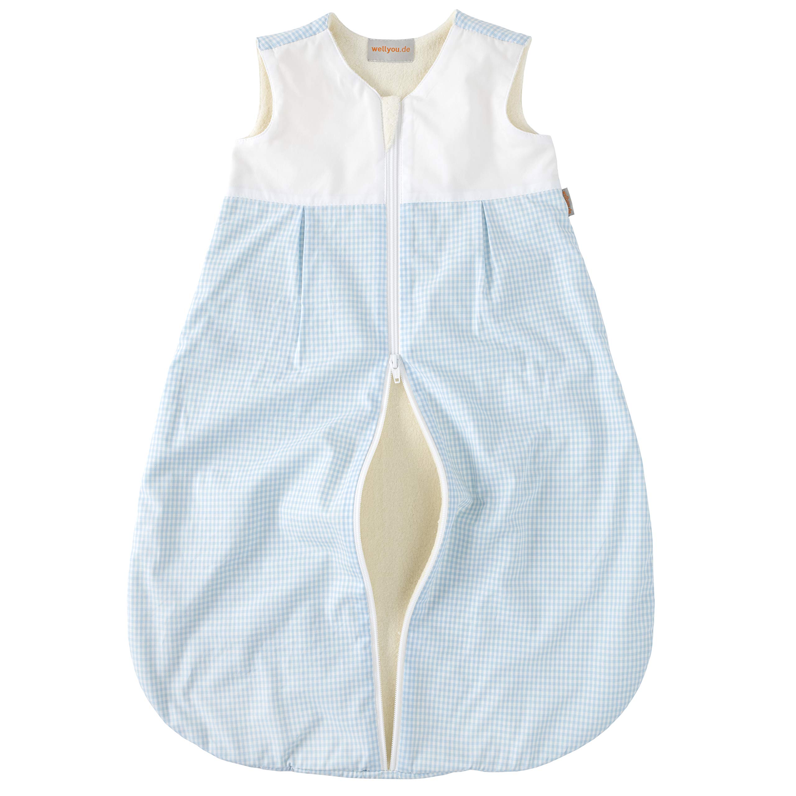 wellyou, Kinder-Baby-Schlafsack, mit Fleece gefüttert, hellblau-weiß Vichykaro, für Mädchen und Jungen, Größe 56-80