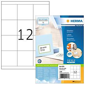 Herma Premium-Adressetiketten Nr. 4279, 70 x 67,7 mm, selbstklebend, permanenthaftend, bedruckbar, Papier, weiß, 1200 Stück auf 100 Blatt