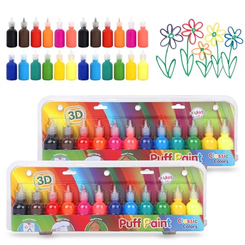 Playkidiz 3-D Art Pufffarbe für Kinder, 24 Pack-Farbpaket Squeeze-Farbe, nicht toxische Blätterfarbe, waschbarer Stofffarbe, klassische Farben, Alter 3+