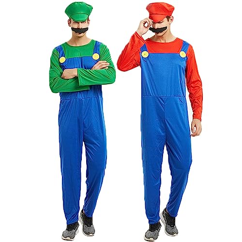 YIYUANIJI Super Brüder Cosplay Kostüm Outfit,Einteilig mit Hut und Bart,Geeignet für Karneval/Cosplay/Eltern-Kind-Verkleidung/Weihnachtsgeschenke