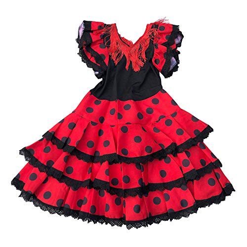 La Senorita Spanische Flamenco Kleid Niño Deluxe mit Spitzen Ränder/Kostüm - für Mädchen/Kinder - Rot/Schwarz (Größe 128-134 - Länge 85 cm- 7-8 Jahr)