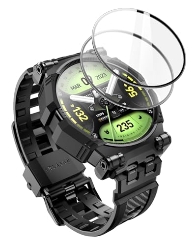 i-Blason Armorbox Armband kompatibel mit Samsung Galaxy Watch 6/5/4 [44 mm], robustes, langlebiges TPU-Armband für Galaxy Watch 6/5/4, mit 2 Displayschutzfolien aus gehärtetem Glas, Schwarz