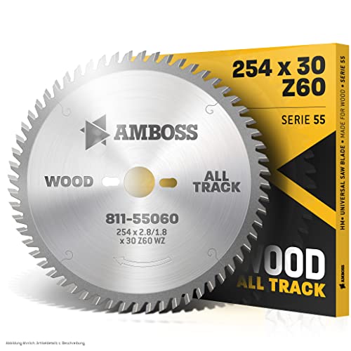 Amboss - HM Tischkreissägeblatt für Holz - Ø 254 mm x 2,8 mm x 30 mm | Geeignet für Bosch GTS 10 oder Metabo TS254 | Wechselzahn (60 Zähne)