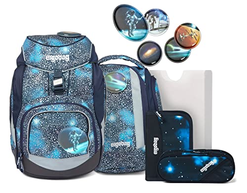 ergobag pack Set - ergonomischer Schulrucksack, Set 6-teilig - Bär Anhalter durch die Galaxis - Blau