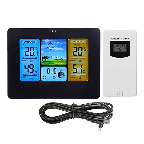 Zerodis Home Kabellose Wetterstation LCD Thermometer Digital Wireless Wetterstation Uhr mit Farbdisplay für Innen- und Außenbereich schwarz