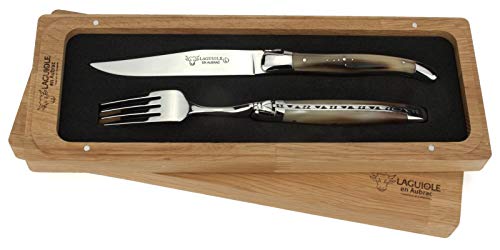 Laguiole en Aubrac - 1 Steakmesser und 1 Gabel Besteckset - Griff polierte Hornspitze - Original Frankreich mit Zertifikat
