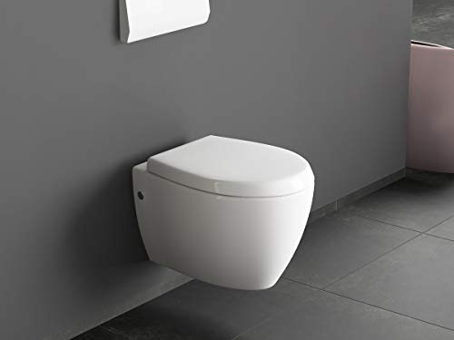 Aqua Bagno | Design Dusch-WC | Taharet | Inkl. abnehmbarer Softclose Sitz | Hänge-WC | Toilette mit Bidet-Funktion | Tiefspülklosett | Geschlossener Unterspülrand | Keramik | 510 x 363 mm