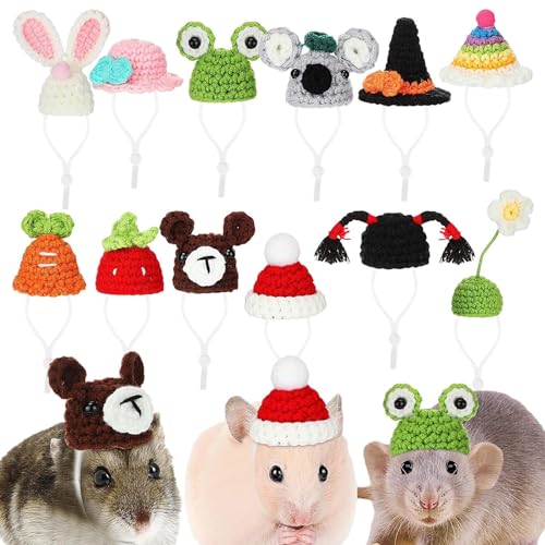 Handgestrickte Kleintiermütze, gestrickter Hamsterhut mit verstellbarem Riemen, Mini-Partyhüte für Hamsterkleidung, Hamsterkostüm, buntes Kostümzubehör Zceplem