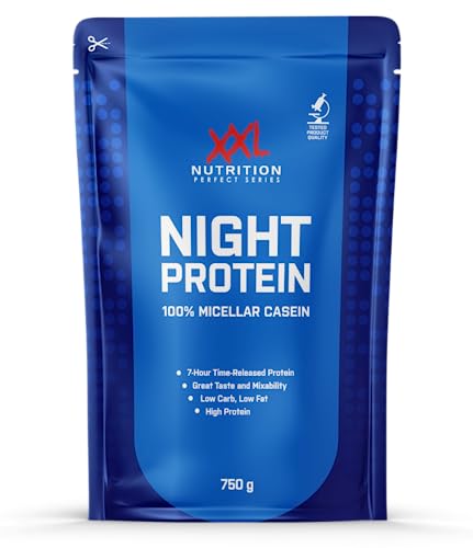 XXL Nutrition - Night Protein - 100% Micellar-Casein Protein Pulver, 87,2% Proteingehalt, Eiweißabgabe über 8 Stunden, Hochwertiges Kasein - Beutel 750 Gramm - Schokolade