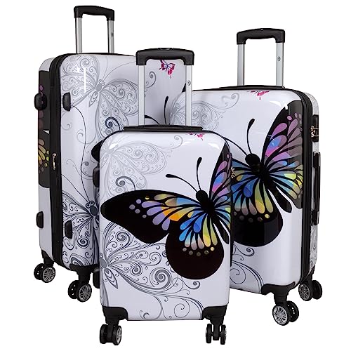 Trendyshop365 Koffer-Set 3-teilig Hartschale - Butterfly weiß
