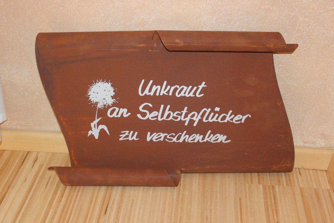 BADEKO Grosse Schriftrolle aus Metall Edelrost, Unkraut. 53 x 32 cm, Schild, Tafel