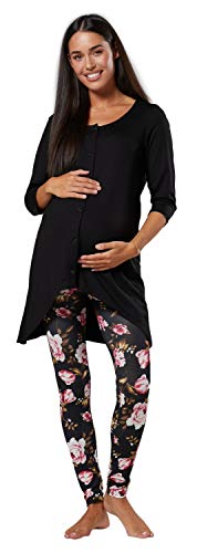 HAPPY MAMA Damen Umstands Stillen Pyjama einstellen- Loungewear 1273 (Schwarz & Schwarz mit rosa Rosen, 38, M)