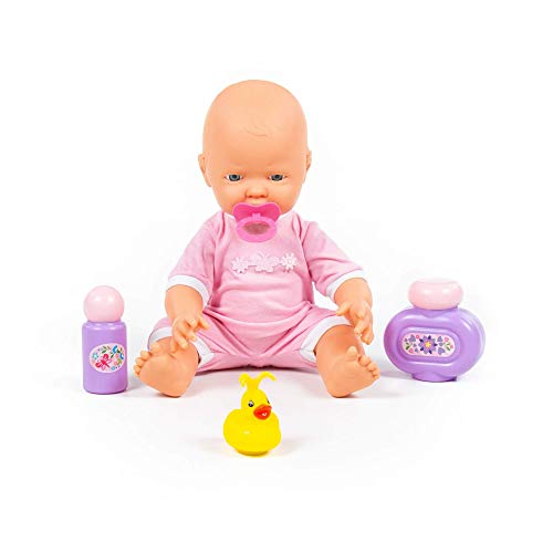 Polesie 78360 Fröhliche Baby Puppe, 35 cm mit Schnuller und Badeset, 3 Teile